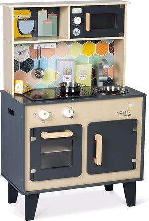 Дитяча ігрова кухня Janod Mozaïc Big Cooker з підсвіткою та звуком, дерев'яна кухня з аксесуарами та продуктами, для дітей від 3 років, 53x30x87 см, J06609