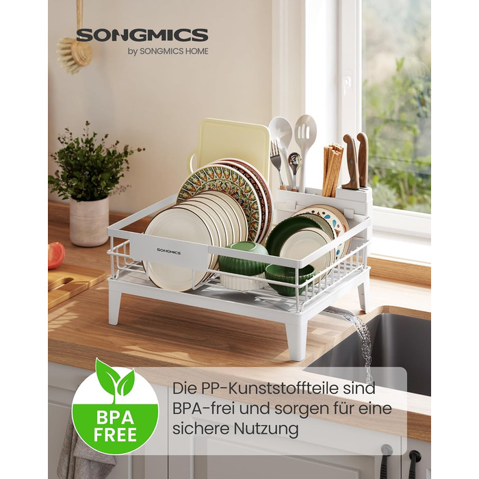 Підставка для сушіння посуду SONGMICS з поворотним сливом, піддоном та тримачем для столових приборів, біла, 31 x 42 x 18,5 см, KCS550B01