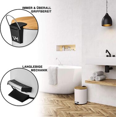 Косметичний відро для сміття VMbathrooms 5 л, білий, з бамбуковою кришкою, педаллю та Soft Close, для ванної кімнати