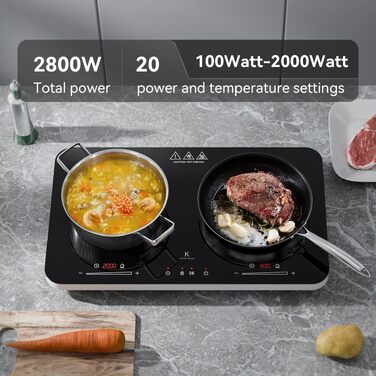 Індукційна плита COOKNANO подвійна 3600W з незалежним керуванням, 20 рівнів потужності та температури, таймер 6 годин, чорна 60x36x5.7 см