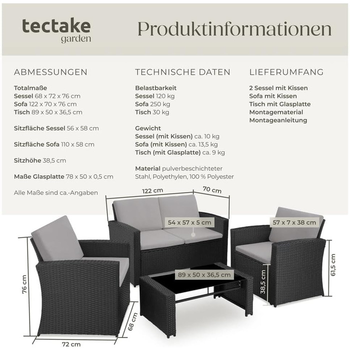 Комплект садових меблів tectake® з поліротангу для тераси та балкона, 12 предметів, чорний/сірий, вуличний диван, крісла та стіл на 4 особи, стійкі до погодних умов