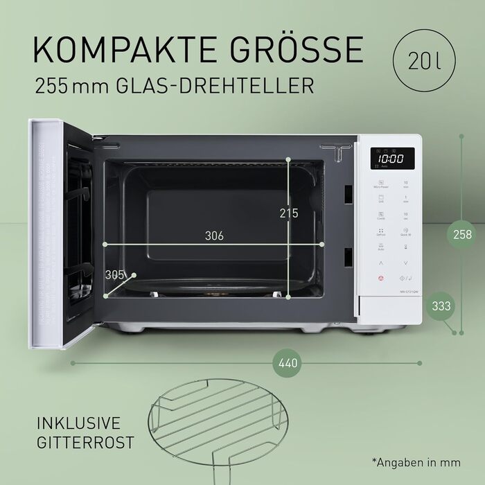 Мікрохвильова піч Panasonic NN-ST21QWEPG 20л з грилем, біла – 800 Вт, автоматичне розморожування, 11 програм, LED-дисплей