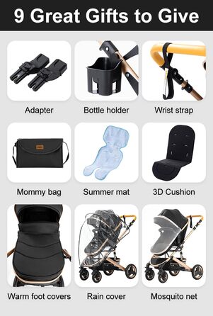Дитяча коляска YAZOCO 3 в 1: Buggy, Babybett, Комплект. Компактна, складна, з алюмінієвим каркасом для новонароджених (2 шт. чорного кольору)