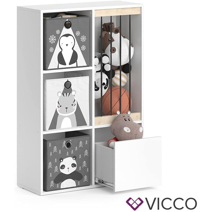 Дитяча полиця Vicco Luigi біла 72x107,8 см з 2 складними коробками, опція 5, 72x96 см з коробками Слон/Тигр