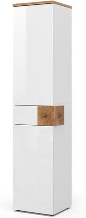 Високий шафа для ванної Vicco Eden, білий глянець/дуб Артизан, 40x184,2 см, 2 двері, шухляда