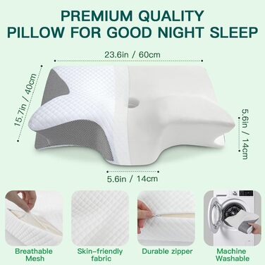 Подушка для шиї з піни Memory Foam 2-в-1, ергономічна, 60x40x12/14 см, сіра - для сну на спині, боці та животі