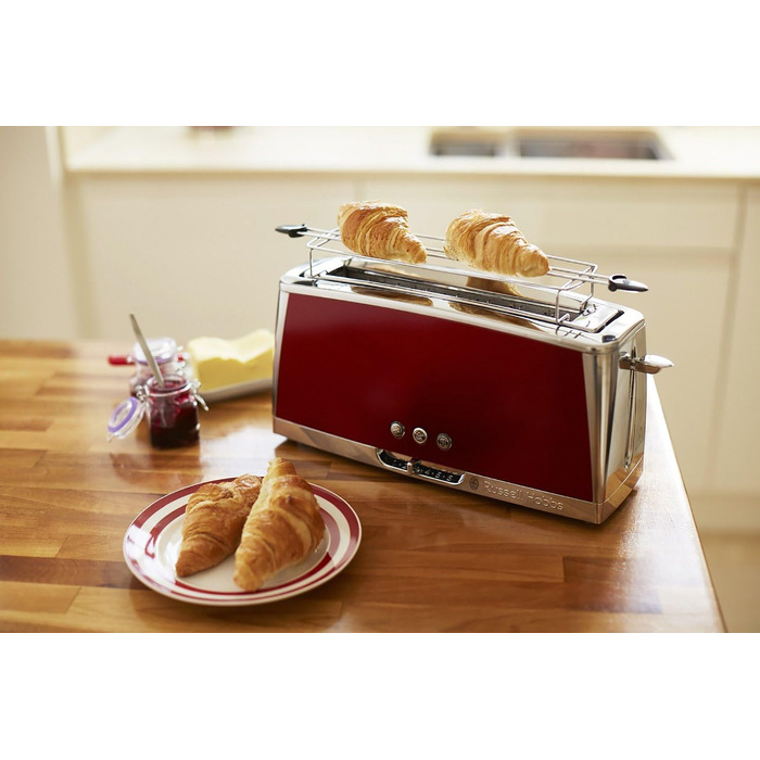 Тостер Russell Hobbs Luna Edelstahl Red для 2 скибок хліба з широким прорізом, з підставкою для булочок, 6 режимів підсмажування, розморожування та підігрів - 23250-56