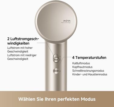 Фен для волосся MOVA Shine 10 Gold: безщітковий мотор 110 000 об/хв, плазмово-іонний догляд, NTC термоконтроль, з концентратором, для дому та салонів
