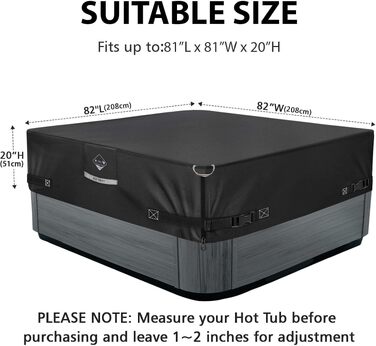 Зміцнений чохол для гідромасажного джакузі Whirlpool, квадратний, 215,9 x 215,9 см, чорний (висока міцність 1000N)