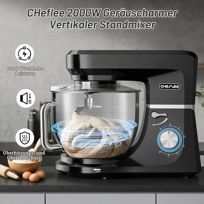Кухонний комбайн-міксер CHeflee 2000W, планетарний міксер для тіста з чашею 8 л, 6 швидкостей, низький рівень шуму, набір насадок та захисна кришка