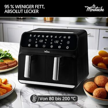 Фритюрниця La Moustache DuoFry 8 л з двома кошиками, електрична аерофритюрниця 1700 Вт, 10 програм, цифрове керування, антипригарне покриття, таймер, сірий колір, книга рецептів у комплекті