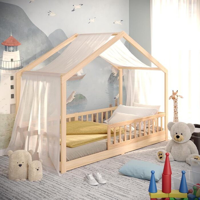 CADANI Мальте - ліжко-будиночок для дітей 120x200 см, біле, Montessori з бортиками, трансформується, з ламелями, до 200 кг, білий (90 x 200 см, натуральний)
