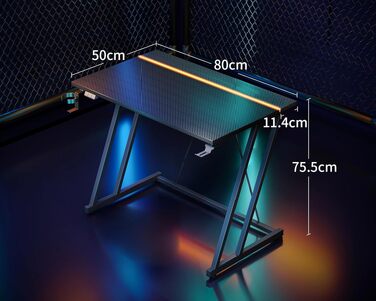 Ігровий стіл ODK 80x50 см з LED підсвіткою, чорний карбон: стіл для геймерів з тримачем для навушників та підставки для напоїв