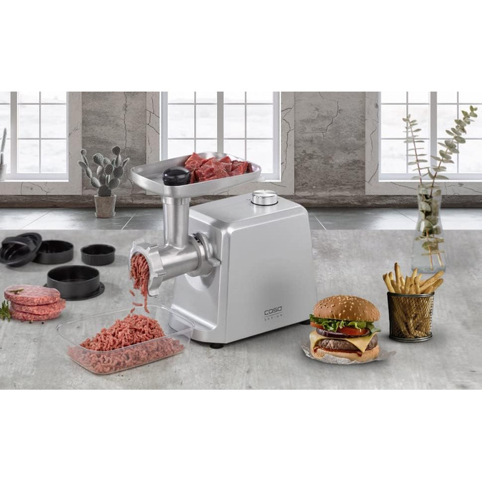 М'ясорубка CASO FW 2500 срібляста, 2500 Вт, титанова ніж, реверс, тихий двигун, комплект насадок, прес для бургерів