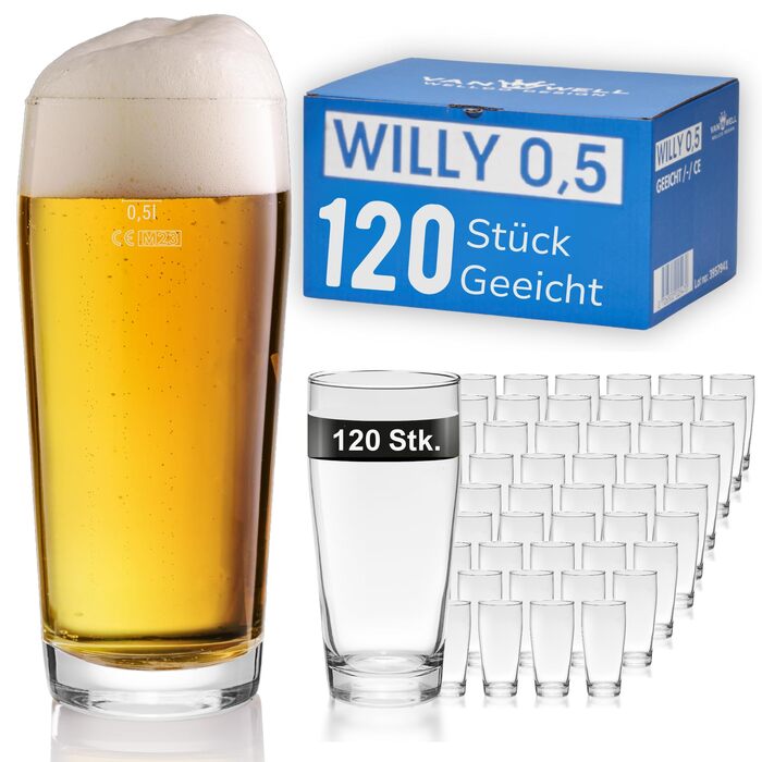 Van Well Willibecher 0,5л - Преміум склянки для пива, 120 шт. - Міцні склянки, придатні для миття в посудомийній машині, градуйовані, 500 мл. Ідеально для ресторанів та дому.