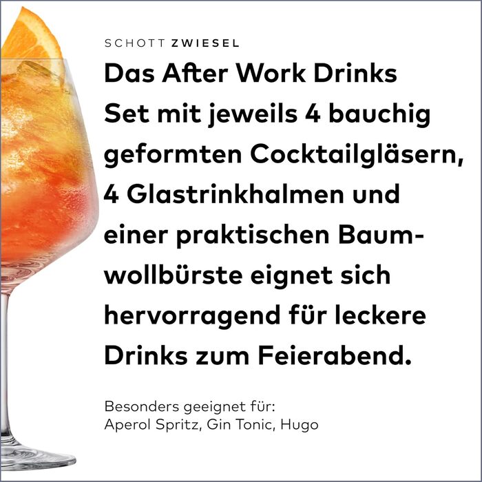 Набір коктейльних келихів SCHOTT ZWIESEL After Work Drinks: 4 склянки з Tritan-кришталю, 4 скляні трубочки та щітка для чищення, стійкі до миття в посудомийній машині, Made in Germany