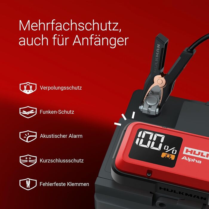 Бустерний пускач HULKMAN Alpha Ultra Red 1000A 37Wh для авто 12В, портативний jump starter для бензинових (до 6.5L) та дизельних (до 3.0L) двигунів, IP65, LED-дисплей
