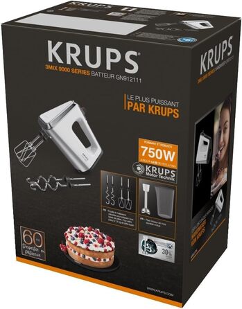 Міксер ручний Krups 3 Mix 9000, 750 Вт, білий/сріблястий (GN9121) - з насадками для збивання, тіста та пюре