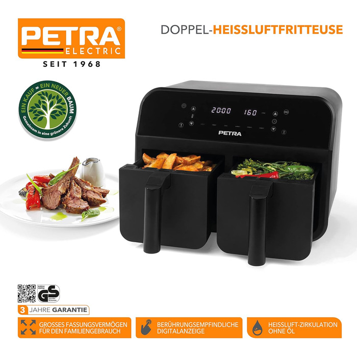 Фритюрниця з гарячим повітрям Petra PT4750BLKVDE XXL 7,4 л, 2400 Вт, подвійна, 2 антипригарні кошики, 6 програм, чорна