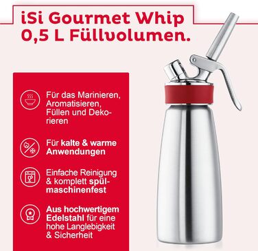 iSi Gourmet Whip – набір для збивання вершків 0,5 л з 6 упаковками капсул, нержавійка, насадки, лійка, сито, кришка – для вершків, супів, еспум та десертів