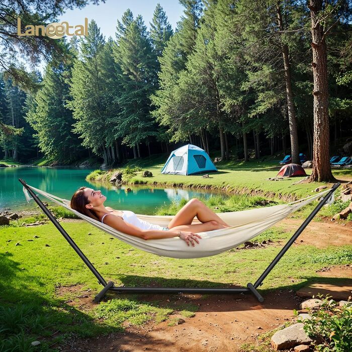 Гамак з підставкою Laneetal для 2 осіб, посилений (до 250 кг), для дому та вулиці, бежевий (280x106x100 см)