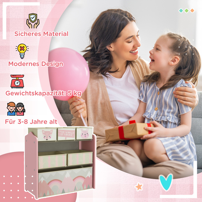 Дитячий шафчик з 6 текстильними кошиками, милий малюнок, 63x30x66 см, Рожевий