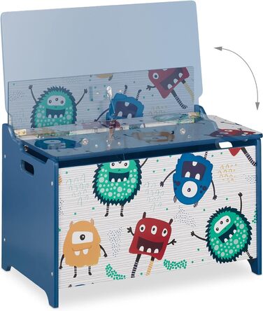 Скриня для іграшок Relaxdays у вигляді монстра, з кришкою, 50x60x36,5 см, МДФ, ігровий ящик синьо-білий