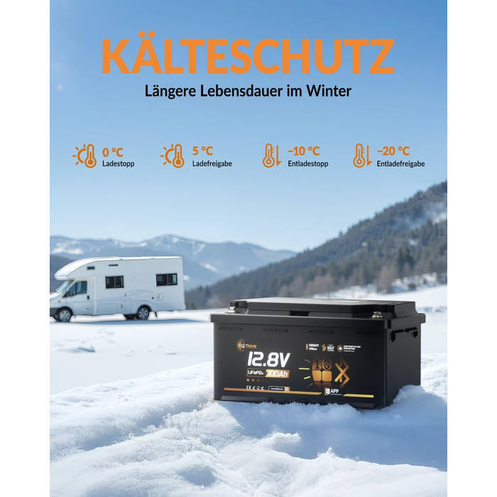 LiFePO4 акумулятор 12V 100Ah H190 з Bluetooth 5.4 для кемперів та житлових будинків на колесах, сертифікація ECE R10