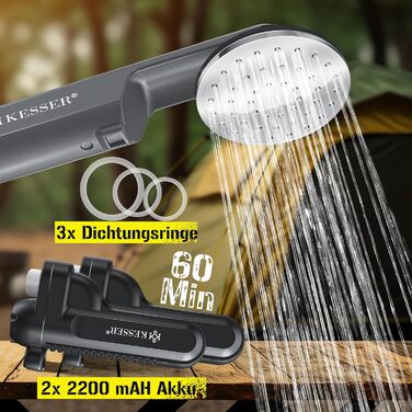 Кемпінгова душова кабіна KESSER® з акумулятором та ручною лійкою, 2 x 2200mAh, USB-зарядка, для кемпінгу, саду, авто, відпочинку на природі, миття собак, миття авто, з сумкою, 12V насос (антрацит/чорний)