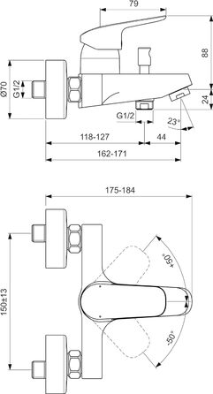 Змішувач для ванної кімнати Ideal Standard Ceraflex настінний з одноважільним керуванням, витяжка 160 мм, регульовані S-з'єднання, водозберігаюча картридж CLICK, хром (з набором для душу, без тримача для душу, хром)