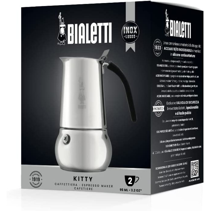 Кавоварка Bialetti Kitty на 2 чашки, 95 мл, з нержавіючої сталі, стильний дизайн, не для індукції