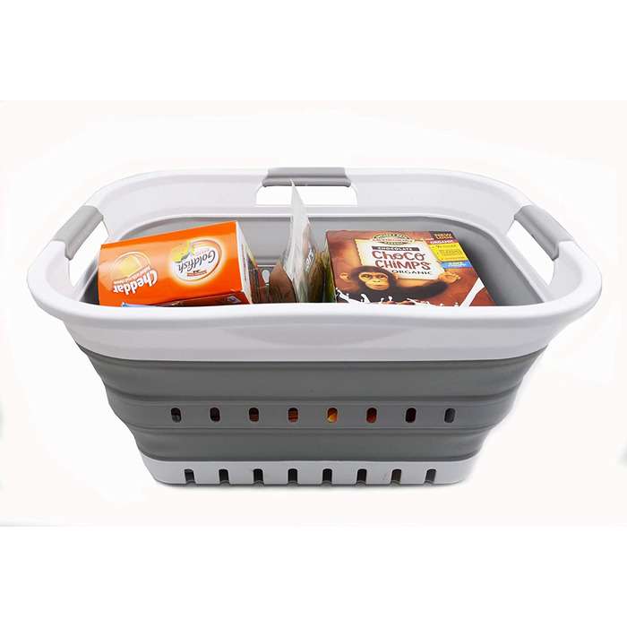 Складаний пластиковий кошик для білизни SAMMART 30 л з 3 ручками, поп-ап органайзер, переносна миска для прання, білий/сірий, компактний