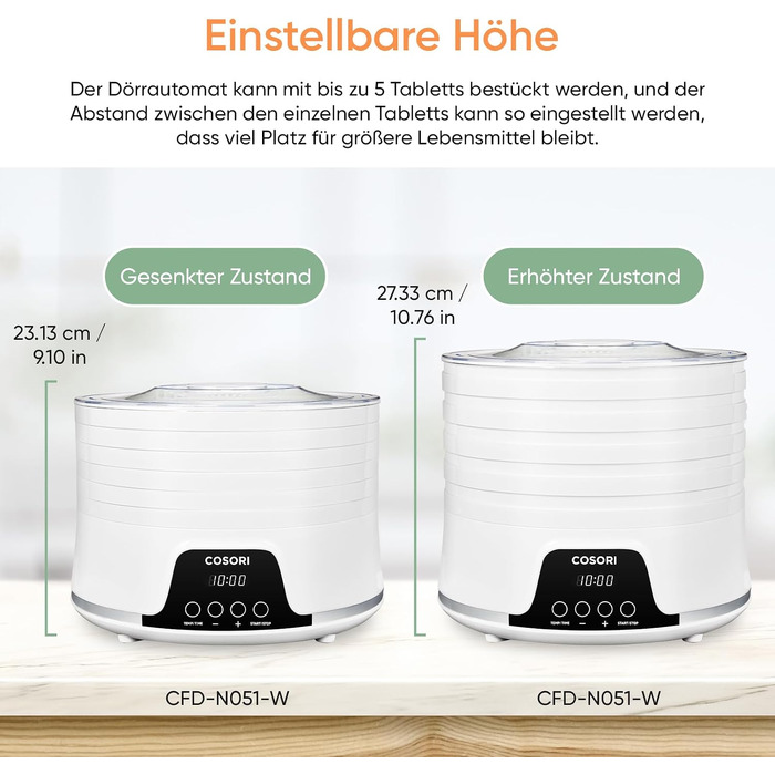 Дегідратор Cosori Food Dehydrator, сушарка для овочів та фруктів, 650 Вт, 5 лотків, таймер на 48 год, діапазон температур 35-75°C, білий