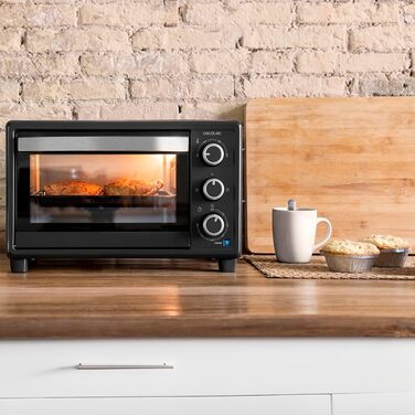 Електрична піч Cecotec Bake&Toast 2300 Black, 23 л, 1500 Вт, до 230°C, 3 режими (гриль, під-нагрів, комбінований), скляна дверцята, таймер 60 хв, піддон для крихт. Чорний колір