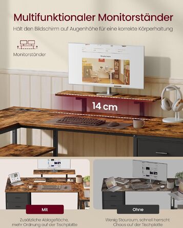 Кутовий комп'ютерний стіл VASAGLE з розетками, 160x80 см, вінтажний коричневий LWD173KD01 - ігровий стіл з USB, 4 шухляди