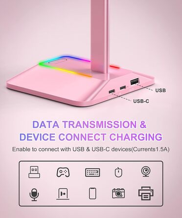 Підставка для навушників New Bee з RGB-підсвіткою, USB Type-C зарядкою та передачею даних, універсальна стійка для геймерських гарнітур, рожева