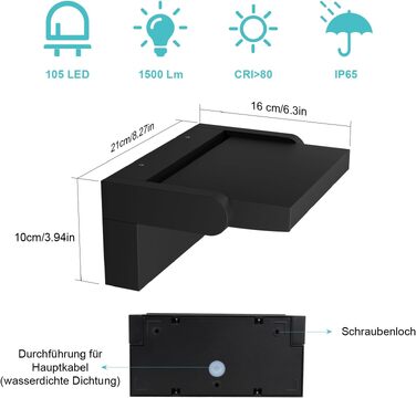 Світильник настінний вуличний LED Klightern 24W, тепле біле світло 3000K, IP65 водонепроникний, поворотний, алюміній, 1500 Лм, чорний