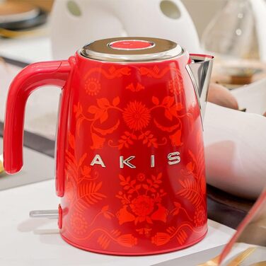 Електрочайник AKIS La Fête Design 1,7 л, 2400 Вт, нержавіюча сталь, з фільтром від накипу, ретро стиль, червоний з квітковим візерунком бароко