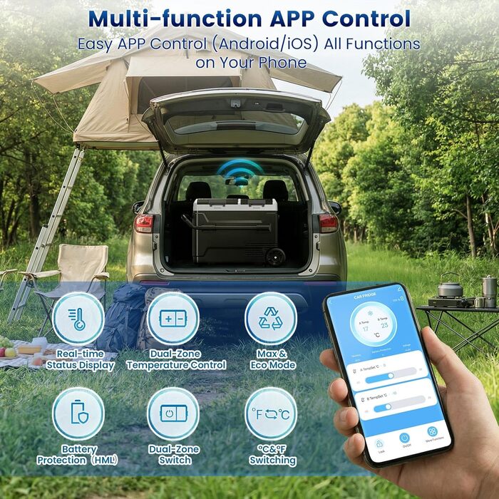 Автомобільний компресорний холодильник 50л з Bluetooth, 12/24/230V, подвійне регулювання температури (-20°C до 20°C), колеса, перегородка, тихий (45 дБ) для авто, кемпінгу, каравану