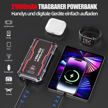 Бустер для автомобіля FEIKFEIZ Auto Starthilfe Powerbank 6000A, 26800mAh, пусковий пристрій для 12V акумуляторів (бензин та дизель до 8.0L) з USB-портом та LED-ліхтарем
