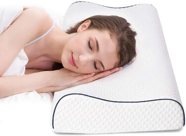 Ергономічна подушка для сну Fityou з ефектом пам'яті (Memory Foam) для підтримки шиї, регульована висота, з мийним чохлом, 60x35x9/11 см, синій кант