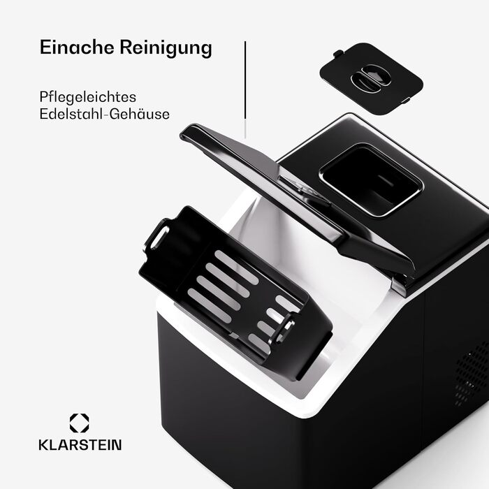 Льодогенератор Klarstein, нерж. сталь, 13 кг/24 год, сенсорний екран, прозорі кубики льоду, енергоефективний, для вечірок, чорний