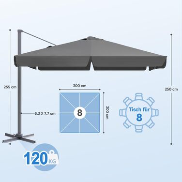 Сонячна парасоля Sekey Alu 300x300 см, квадратна, з кривошипом, 360° обертанням, нахилом, педаллю, UV50+ захистом для саду і тераси