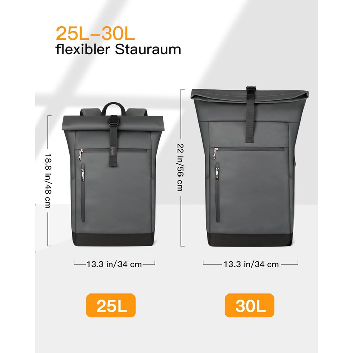 Inateck RollTop рюкзак 25-30 л для чоловіків і жінок, міський велосипедний рюкзак для ноутбука 17'', шкільний, для університету, подорожей, роботи та спорту, сірий