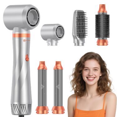 Мультистайлер для волосся 5-в-1 Faltbarer Airstyler: стайлер з ефектом Коанда, іонний фен-щітка та плойка (110 000 об/хв), складаний набір для укладки та подорожей, сріблясто-помаранчевий
