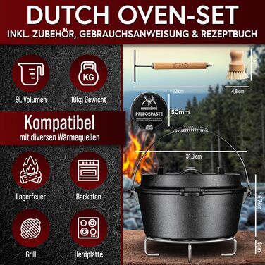 Набір чавунного казана GUSSKÖNIG Dutch Oven 9л для 6-10 осіб, прожарений чавунний горщик для тушкування та запікання з кришкою-сковорідкою, підставкою та аксесуарами, чорний