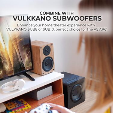 VULKKANO A5 ARC Поличкові колонки Bluetooth 5.0 з HDMI ARC, оптичним входом, RCA, USB, вихід для сабвуфера, коричневі