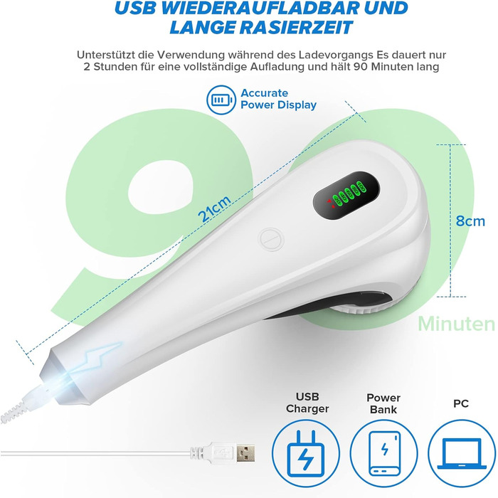 Електричний видальник ворсу з LED-дисплеєм, 6 лез, 2 рівня висоти, 2000 mAh, USB-C, 3 змінні леза, великий контейнер для одягу, диванів, ворсу, ковдр (білий)