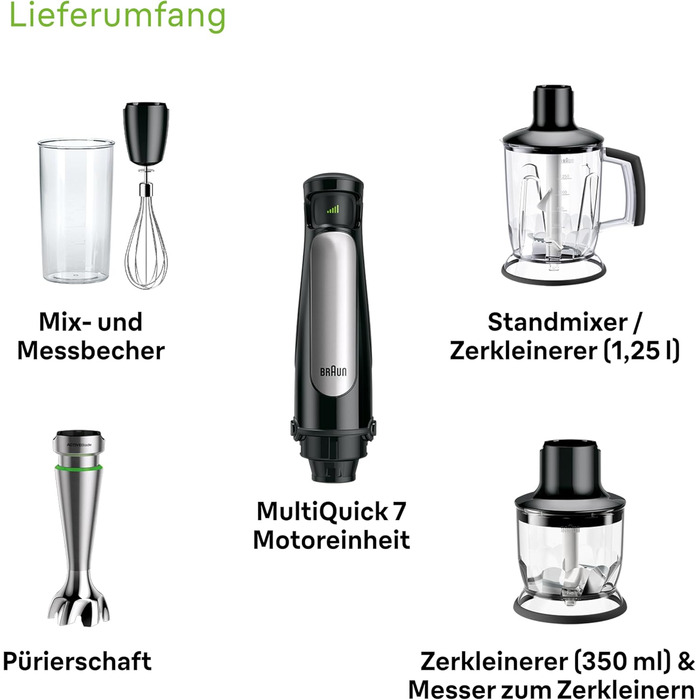 Блендер Braun MultiQuick 7 MQ 7045X, 1000 Вт, ручний, знімна нержавіюча ніжка, технологія ActiveBlade, набір з 4 насадок, чорний