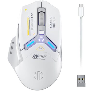 Ігрова миша inphic IN9 бездротова Tri-Mode (2.4G/Bluetooth/Type-C), 10000 DPI, RGB-підсвітка, програмована, акумуляторна, сіро-біла